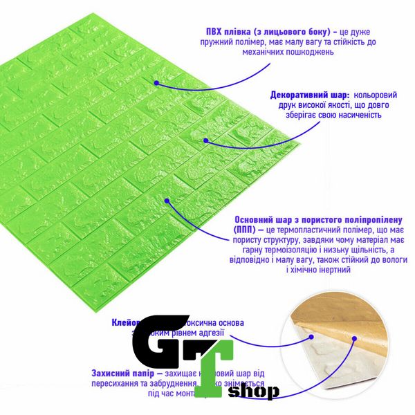 3D панель самоклеюча цегла Зелений 700х770х7мм (013-7) SW-00000051