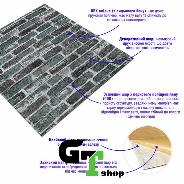 Декоративна 3D панель самоклейка під цеглу сірий Катеринославський 700х770х5мм (042) SW-00000039
