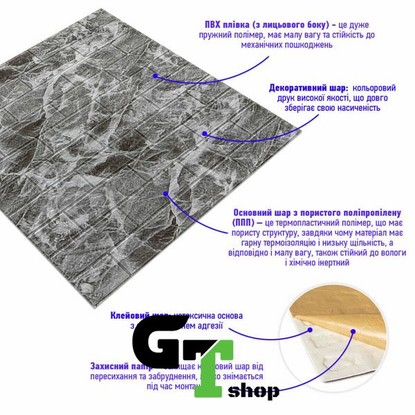 Декоративна 3D панель самоклейка під цеглу Чорний мармур 700х770х5мм (061-5) SW-00000036