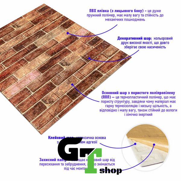 Самоклеюча декоративна 3D панель під коричневу цеглу катеринослав 700х770х5мм (179) SW-00000248