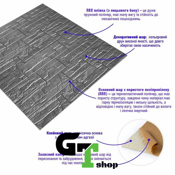 Самоклеюча 3D панель культурний камінь срібло 700x770x5мм (156) SW-00000751