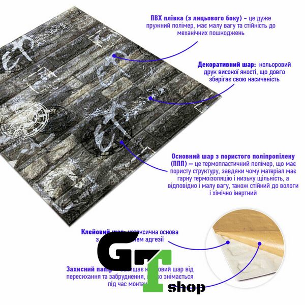 Самоклеюча декоративна 3D панель під чорну цеглу графіті 700х770х6мм (027) SW-00000077