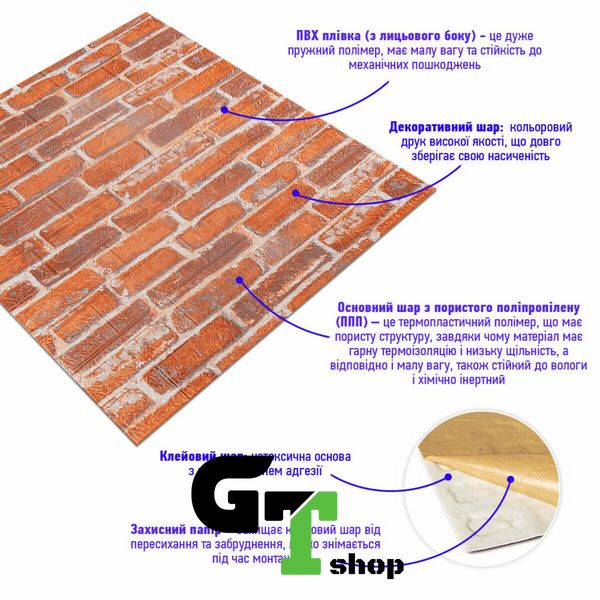 Декоративна 3D панель під рудий Катеринославський цегла, самоклейка 700х770х3мм (044-3) SW-00000696