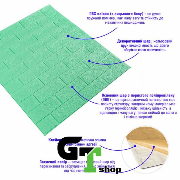 3D панель самоклеюча цегла М'ята 700х770х5мм (012-5) SW-00000148