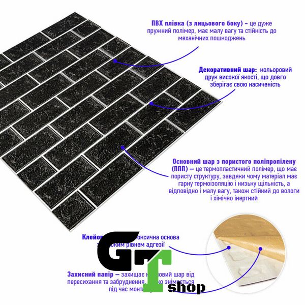 Панель стінова 70*70cm*5mm чорна цегла з білим (D) SW-00001503